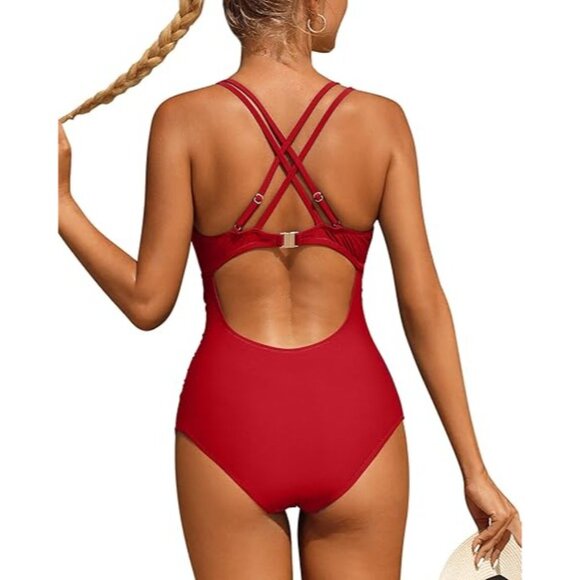 Charmo One Piece Tummy Control Swimsuit Ruched Strappy V Neck In Red - Size 2XL - Picture 3 of 9